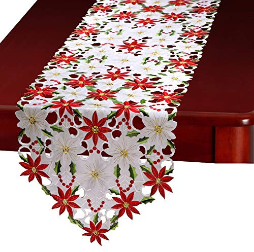 SUNTRADE Christmas Rectangle Embroidered Table Runners,Luxury Poinsettia and Holly Table Runner for Christmas Decorations,15 x 69 inch