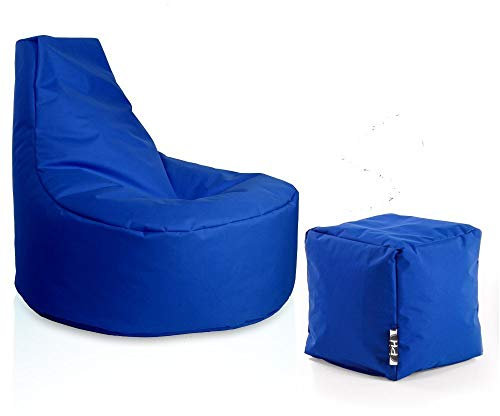 PATCH HOME Gamer Sessel Sitzsack inkl. Würfel Bean Bag Set Ø75cm, 30cm Sitzhöhe, 80cm Höhe + 35x35cm Würfel Blau