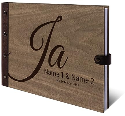 Personalisiertes Hochzeit Gästebuch echtes Holz DIN A4 Hochzeitsbuch mit Lasergravur - Ja - mit 72 Blatt / 144 Seiten Naturpapier Weiß