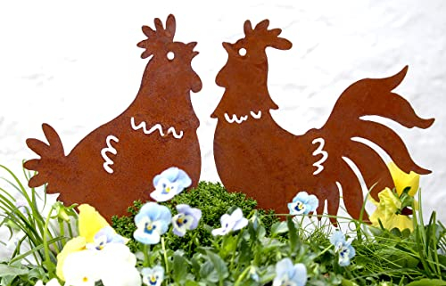 LB H&F 2er Set Hahn und Henne Gartenfigur Hühner Lilienburg Osterdeko Frühlingsdeko Roststecker Rost Metall wetterfest (Hühner am Stab)