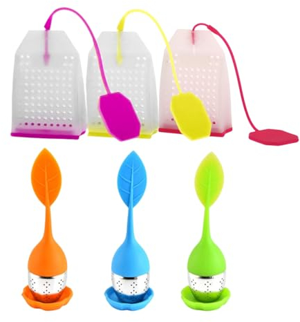 Accfore Paquete de 6 infusores de té de silicona, reutilizables, seguras, bolsas de té de hojas sueltas, colador, mango de filtro, bandeja de goteo de acero inoxidable