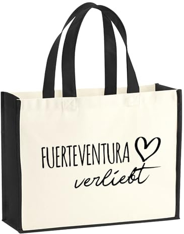 Huuraa Jutetasche Fuerteventura verliebt Geschenk | Großer Shopper 21 Liter Juteshopper Black Tasche aus Jute und Baumwolle Einkaufstasche Geschenkidee Tragetasche mit Motiv