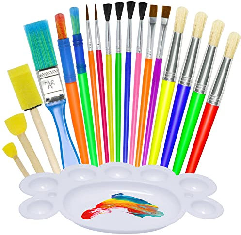 Jiosdo Kids Paint Brushes, 19Pcs Childrens Painting Brushes Set with Paint Palettes, Colorful Paint Brushes for Children Toddlers Beginners, Art Paint Brushes for Watercolor, Oil, Acrylic, Face