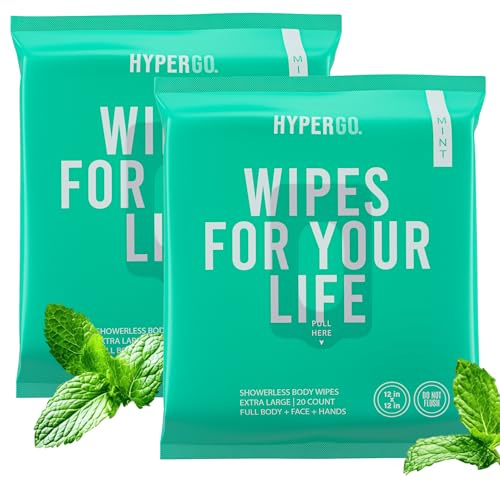 HyperGo Quick Mint Lot de 20 lingettes rafraîchissantes pour le corps – Gym, randonnée, voyage, camping, post-entraînement – Lingettes biodégradables, ingrédients entièrement naturels, 30,5 x 30,5 cm