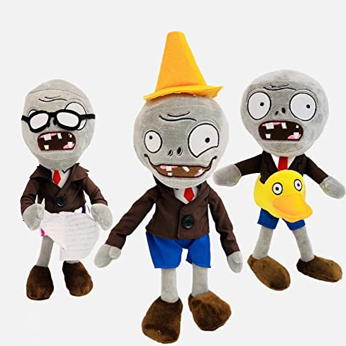 Dyharnsty Juego de 3 piezas de juguetes de peluche de plantas contra zombies, periódico zombi de pato, zombi y zombi de cabeza de cono, figuras suaves de plantas contra zombies, juguetes PVZ de