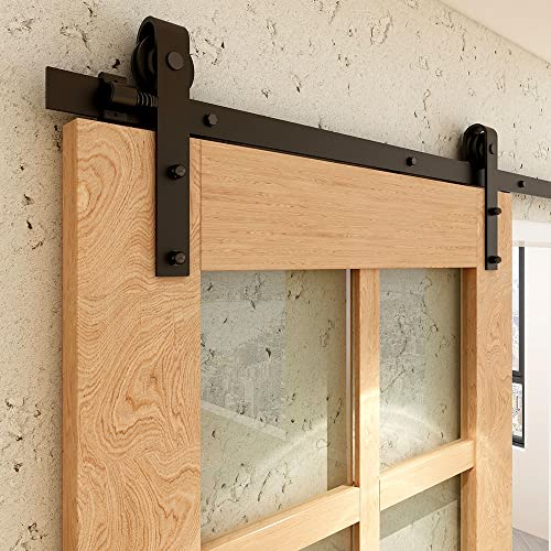 Schiebetürbeschlag Doppeltür 366cm Schiebetüren Schiebetürsystem Komplettset Laufschiene Rollen Set Schwarz für 2 Holztür 91cm Breit, Kleine Rolle in J-Form