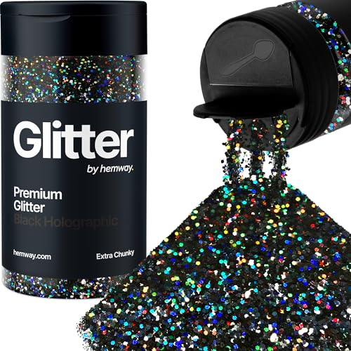 Hemway Premium Glitter Shaker - Black Holographic | Extra Chunky Metallic Flake Sequins for Resin & Epoxy Crafts | Craft Supplies for Tumblers, Festival, Hair, Face, Body, Eye & Nail Art | 115 g