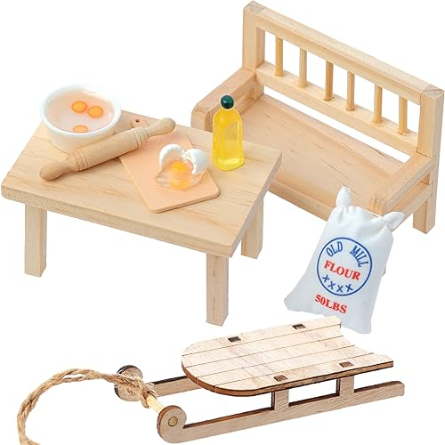 Miniatur Wichtel Zubehör, 10 Pcs Wichteltür Zubehör Weihnachten, 1/12 Mini Puppenhaus Zubehör, Miniatur Tisch Küche Wichtelhaus Zubehör, Schlitten Holz Puppenhaus Zubehör, Weihnachtswichtel Zubehör