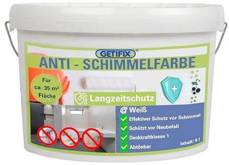 GETIFIX Anti-Schimmelfarbe 5 L (ca. 35 m²) für innen, weiß und Deckkraftklasse 1, geruchsarm, für viele Wände