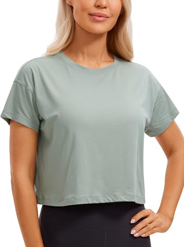 CRZ YOGA Damen Kurzarm Sport Tshirt Loose Baumwolle Fitness Crop Top Sommer Gym Workout Cropped Oberteile Jade Gray 38