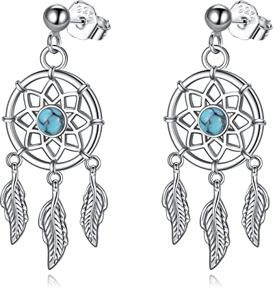 VONALA Traumfänger Ohrringe für Damen Mädchen Sterling Silber Türkis Feder Tropfen Ohrhänger Boho Schmuck Geschenk für Damen Teenager Mädchen