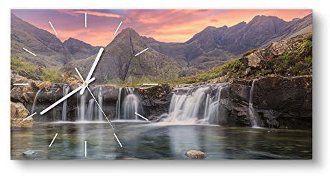 DEQORI Glasuhr | vertikal 60x30 cm | Motiv Wasserfälle im Abendlicht | große XXL Design Uhr aus Glas | leise Wanduhr für Wohnzimmer & Küche | moderne Hingucker Uhr für die Wand