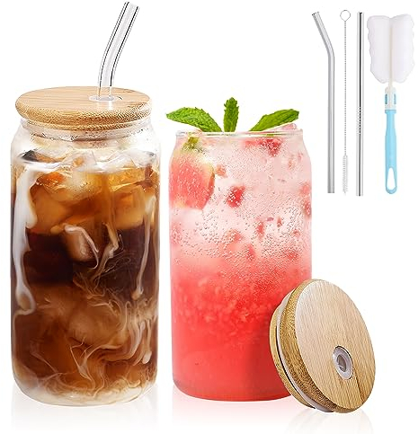 DONGSHANGIFT Glasbecher mit Deckel und Strohhalm 2er Set-480ML Can Shaped Glass Cups,Trinkgläser mit Bambusdeckel und Strohhalm,Bierdosenglas mit Deckel und Strohhalm,Eiskaffee-Gläser,Glasbecher-Set