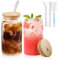 DONGSHANGIFT Glasbecher mit Deckel und Strohhalm 2er Set-480ML Can Shaped Glass Cups,Trinkgläser mit Bambusdeckel und Strohhalm,Bierdosenglas mit Deckel und Strohhalm,Eiskaffee-Gläser,Glasbecher-Set