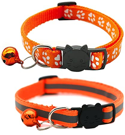 Hepplly 2-Pack Katzenhalsbänder Quick Release Reflective Kitten Halsband mit Glocke (Orange)