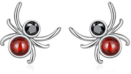 Spinne Halloween Ohrringe für Damen - Qings Sterling Silber 925 Klein Spinnennetz Sipder Ohrstecker mit Rot ZirkoniaJahrgang Schwarz Tier Halloween-Schmuck Geschenke für Frauen Mädchen Mutter