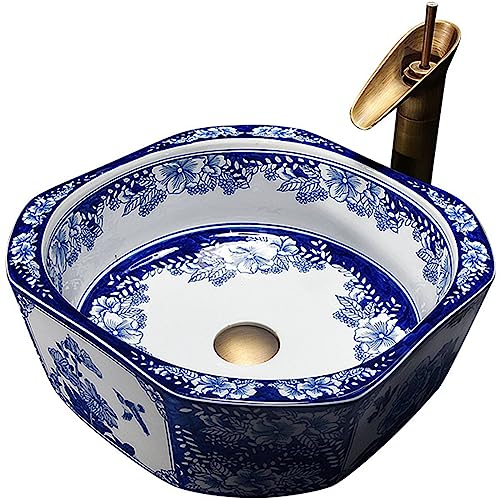 ZTGL Aufsatzwaschbecken Blau und Weiß Keramik Waschtisch Gäste WC Handwaschbecken Spülbecken Waschschale Waschbecken für Badezimmer 450 mm x 400 mm x 150 mm,Sink with faucet