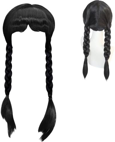 May Huang A-ddams Perücke für Kinder, A-ddams Lange Schwarze Geflochtene Perücken, Gothic Kostüm Zöpfe Perücken mit Bangs, A-ddams Family Merchandise für Faschingskostüme Karneval Halloween Cosplay
