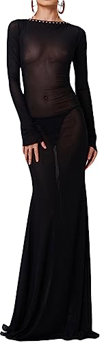 Geagodelia Robe Maxi-Longue Dos Nu en Mesh à Manches Longues, Robe Transparente Sexy Moulante en Bandage pour Soirée Cocktail Fête (Noire, Taille Unique)