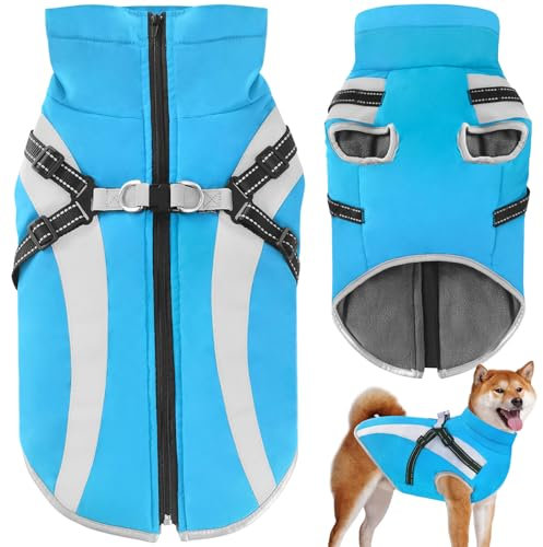 Oslueidy Wasserdichter Hundemäntelmit Geschirr Winter Warme Hundejacke Winddichte Haustier Kleidung Schneeanzug Hundejacken für Kleine Mittlere Große Hunde