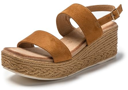 JOMIX Sandalias Mujer Verano con Cuñas Esparto Sandalias Cuña Mujer Piel con Punta Cuadrada Sandalias Mujer Comodas Playa Piscina Mar, Marrón, 37 EU