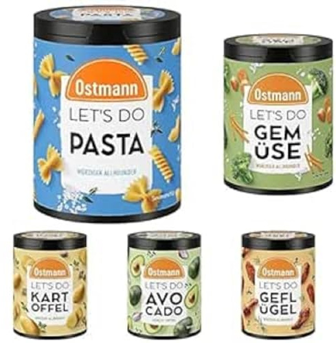 Ostmann Gewürze - Let's Do Gewürze-Starterset | Gewürzmischungen für Pasta (70 g), Gemüse (85 g) Geflügel (80 g), Avocado (70 g) und Kartoffel (90 g) in recyclebarer Metalldose