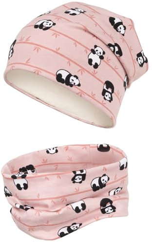 Maja Übergangsmütze + Schlauchschal Beanie Stoffmütze Mädchenmütze im Set Loop Baumwolle, Größe: 50-52, Farbe: Rosa-Panda