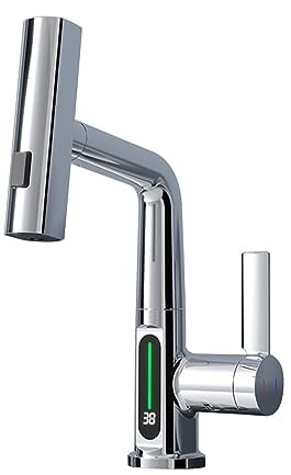 Kocusu Wasserhahn Küche Ausziehbar mit LED Temperaturanzeige,360° Drehung Küchenarmatur mit 60CM Brauses Chlauch,Armatur Küche,Hochdruck Spültischarmatur mit 3 Strahlarten (Silber)