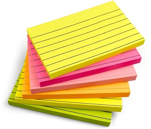 Evergreen Goods 76mm x 127mm (3 x 5) linierte Haftnotizen für die Post | Haftnotizblöcke in 5 leuchtenden Gelb Grün Pink Orange Pfirsichfarben | 6 Notizblöcke mit 100 Blättern, 600 Blätter insgesamt