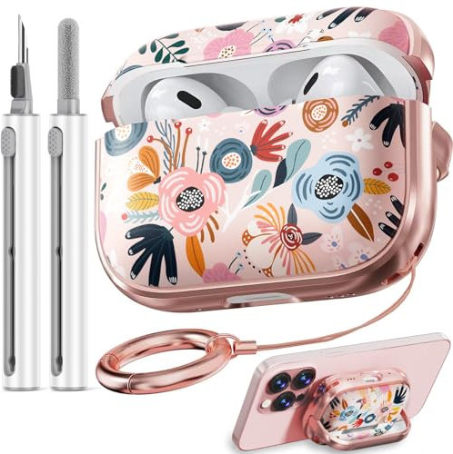Inesore Custodia rigida per AirPods Pro di seconda generazione con serratura, motivo floreale carino AirPod Pro 2, custodia rigida per iPod Pro, per donne e ragazze, con kit di pulizia per custodie