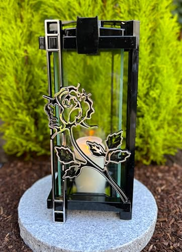 Grablampe Grablicht NEU Laterne mit Rose in Silber 33 cm H. - Grablampe Kerze Grabkerze Grabdekoration inkl. Kerze ohne Sockel