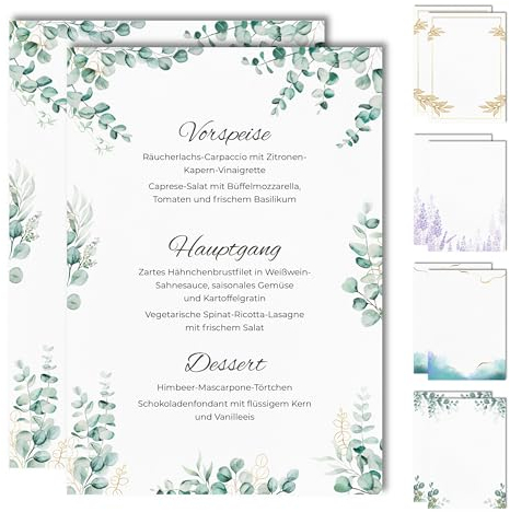 15 Blanko Menükarten für Speisekarten und Getränkekarten für die Hochzeit, Geburtstag, Konfirmation (Eukalyptus 3)