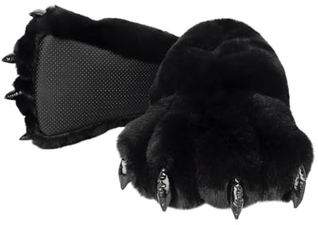 JUNBOON Pantuflas peludas con patas de oso de gato, lobo, zorro, zapatos de garra de animal, botas peludas, accesorios de disfraz para adultos, Halloween, cosplay en interiores, B: Negro, One Size