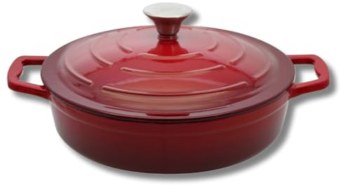 ELO 3082826 cocotte en fonte émaillée basse antiadhésive avec couvercle, rouge cerise, passe au four, marmite tous feux, faitout induction 28 cm 3L