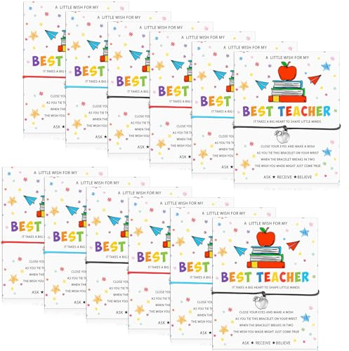 HAOWANWW 12 Sets Thank You Teacher Bracelets Gift Apple Charm Wish Bracelet Adjustable Good Luck Friendship Bracelet Colorful Wristband Bulk with Blessing Cards for Christmas Appreciation Gift