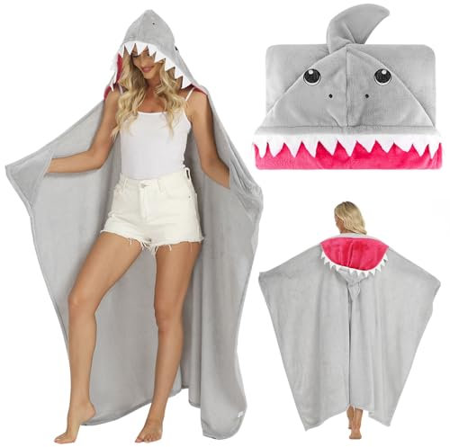 Bocguy Hai Decke, Grau Shark Blanket, Hai Decke zum Anziehen, Hai Kostüm Tragbare, Shark Costume, Decke mit Ärmeln und Kapuze für Erwachsene und Kinder Alltag & Reise(173x135cm)