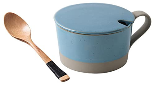 DOLPTBEZM , Keramik-Suppentasse mit Deckel und Henkel, kleine Frühstücksschüssel mit Löffel, Dessert, Bunte Keramik-Suppentasse, mikrowellengeeignet.-gelb-450ml