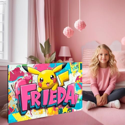 Personalisiertes Graffiti Wandkunstwerk [Fürs Kinderzimmer] - Wähle Frei Name, Lieblingsfarben & Interessen von deinem Kind! - Mach's wie Frieda, die Fantasiewesen und Rosa liebt! Was mag dein Kind?