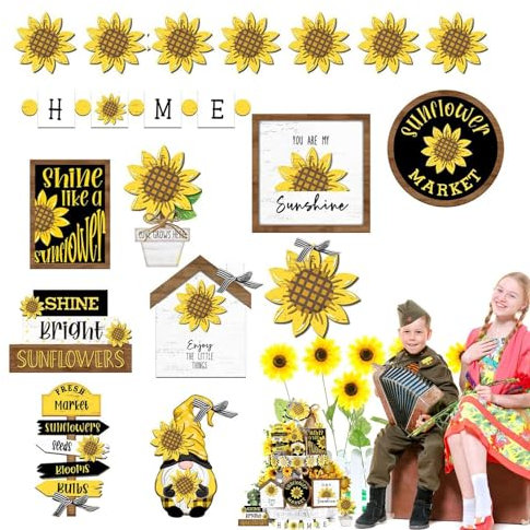 Sunflower Tiered Tray Decoration Set, 17pcs Sunflower Farmhouse Decor Set, Summer Sunflower Decor for Tiered Tray for Table, Mantel