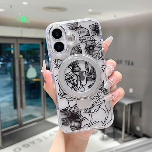 XIZYO Magnetic Case for iPhone 16 with Magnetic Ring Stand, Cute Clear Rose Flower Floral Pattern Compatible with MagSafe, for Girls Women Shockproof Kickstand Phone Case, Silver