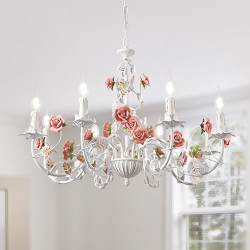meibeileil Bianco Lampadario Vintage,Lampadario Soggiorno In Metallo Con Ceramica Rosa,Lampadari Sospensione In Stile Antico E14 Per Cucina,Camera Da Letto,Sala Da Pranzo,8 Luci