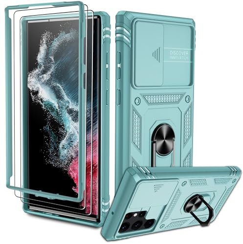 Pilaru für Samsung Galaxy S22 Ultra Hülle, S22 Ultra 5G Kameraschutz Handyhülle mit 2 Stück Schutzfolie,360° Drehhalter Ring Schutzhülle Militär Kratzfest Stoßfest Handy Hüllen für S22 Ultra,Grün
