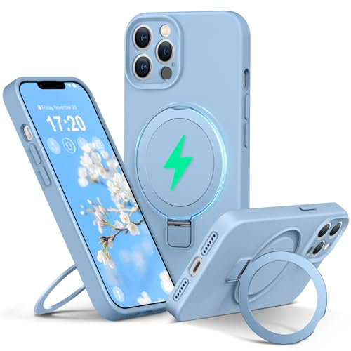 PuyaTeya Liquid Silicone Case for iPhone 12 pro max with Magnetic Ring Stand, Upgraded camera lens protection, Mil-Grade Drop Shockproof, Anti-Scratch Microfiber Lining Silicone Case(Azure Blue)