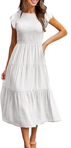CMTOP Dresses for Women UK Casual Summer Dress Long Crew Neck Ruffle Sleeve Flowy Maxi Dresses Solid Color Elastic Waist Ruched Ladies Dresses Tiered A Line Beach Holiday Sundress(White, M)