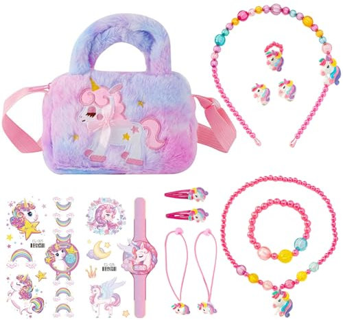 Megcdtr Einhorn Handtasch, 13 Pcs Einhorn Handtasche Schmuckset für Mädchen, Einhörnern Kinderschmuck Halskette Armband, Ring, Haarspange, Geburtstagsgeschenk