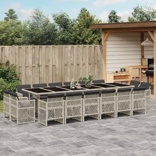 Brokky 17-TLG. Garten-Essgruppe mit Kissen Sitzgruppe Outdoor TerrassenmöBel Terrassen-Sitzgruppe Garten-Essgruppe Hellgrau Poly Rattan - 3210887