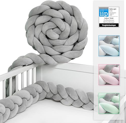 Bettschlange in 2 oder 3 Meter - geprüfte ÖKO TEX Qualität - Bettschlange geflochten inkl. Wäschenetz - Babybettumrandung - Bettumrandung Babybett – 300x15x10cm (Grau)