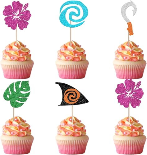 SYKYCTCY 30 Pack Moana Cupcake Toppers Glitter Palm Monstera Leaf Flower Cupcake Picks for Tropical Hawaiian LuauTheme Baby Shower Kids Birthday Party Cake Decorations Supplies
