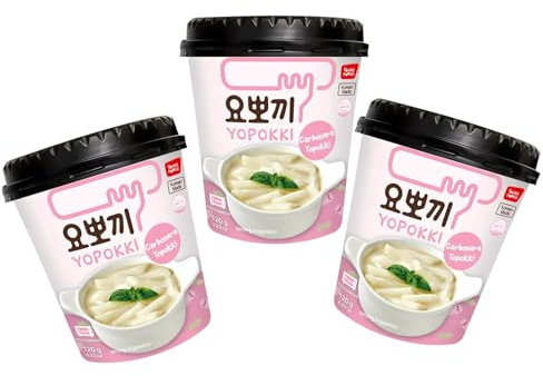 Yopokki Tteokbokki Reiskuchen im Becher – 3er Pack – Korean Streetfood Cremige Carbonara Sauce – OG ASIA – 3x 120g