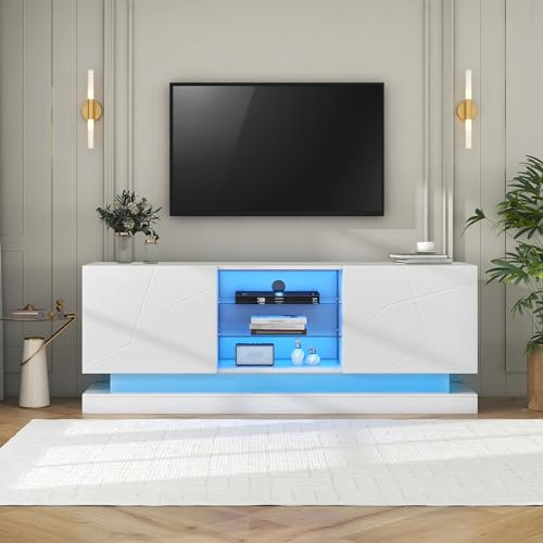 LANTRO JS White High Gloss TV Unit, Led TV Stand 3 Open Shelf and 2 Storage Cabinet, Entertainment Unit for Living Room, 160x38.5x60cm